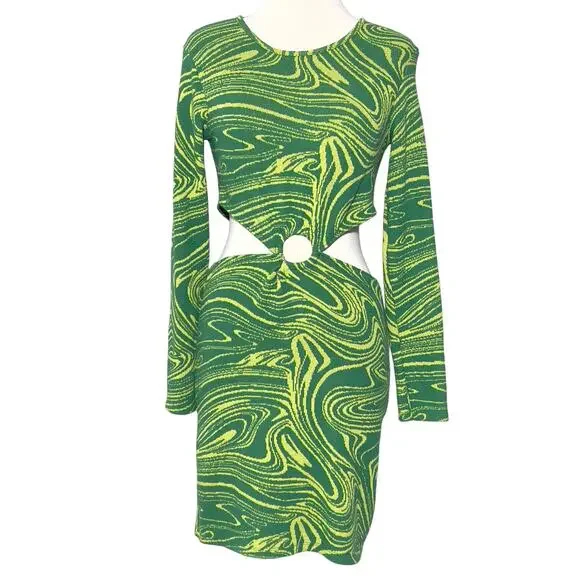 Zara Green Cut Out Jacquard Mini Dress SZ L - Picture 2 of 10